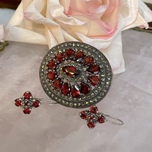 Vintage Garnet earrings and pin set in SS with Marcasite. Large pin pear stones.